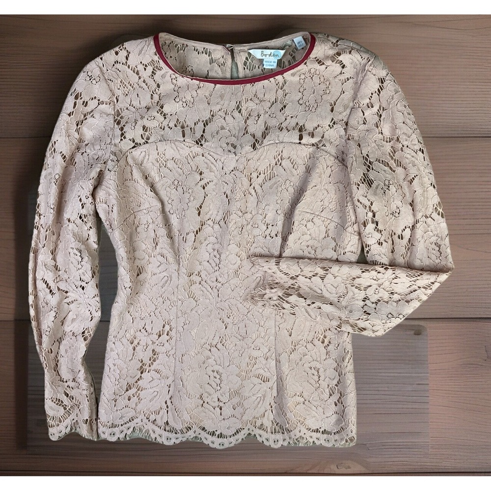 Boden Womens 2 Blush Pink Lace Overlay Long Sleeve Blouse Top Lined Floral